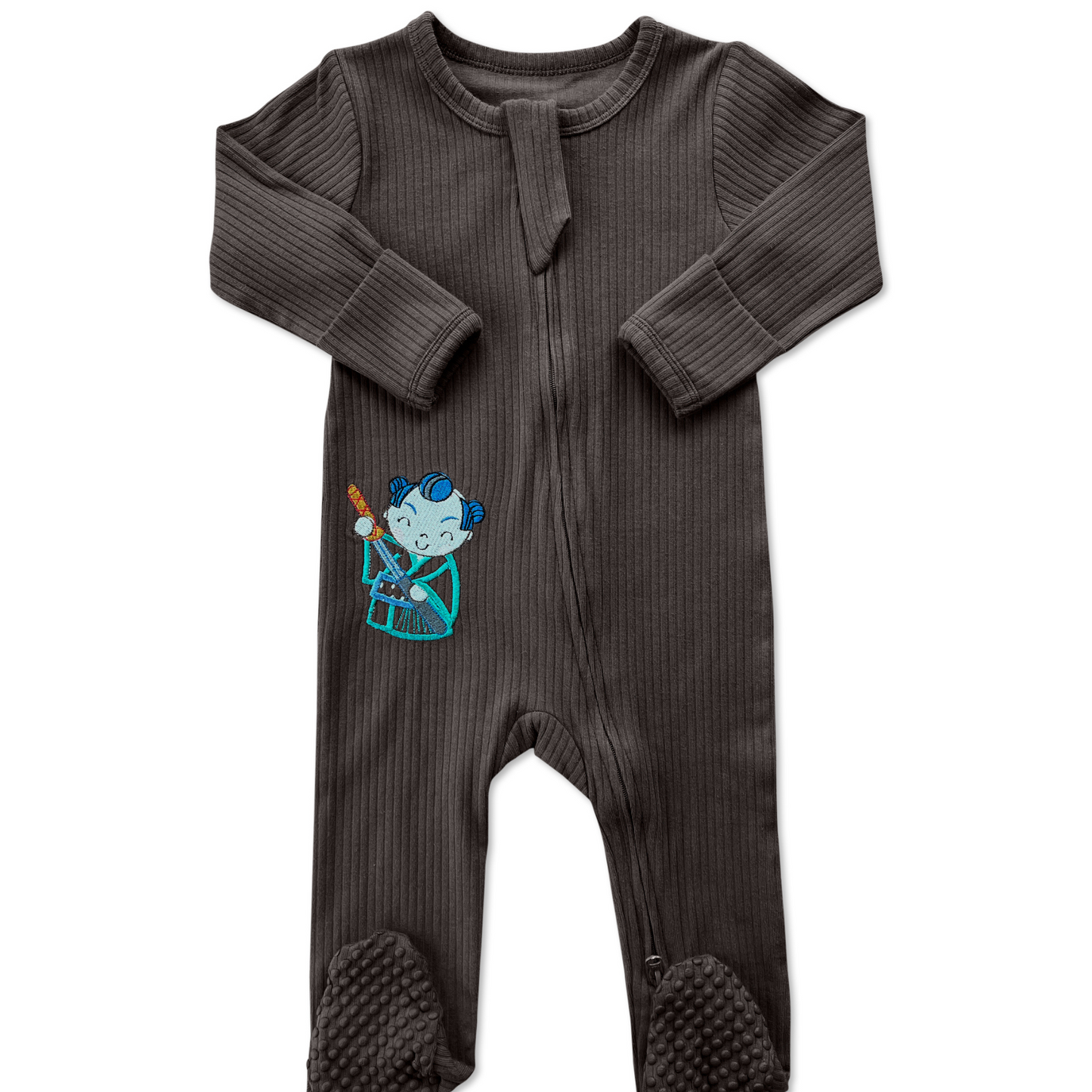 Dark Long Sleeve Grey Samurai Romper w/blue buns