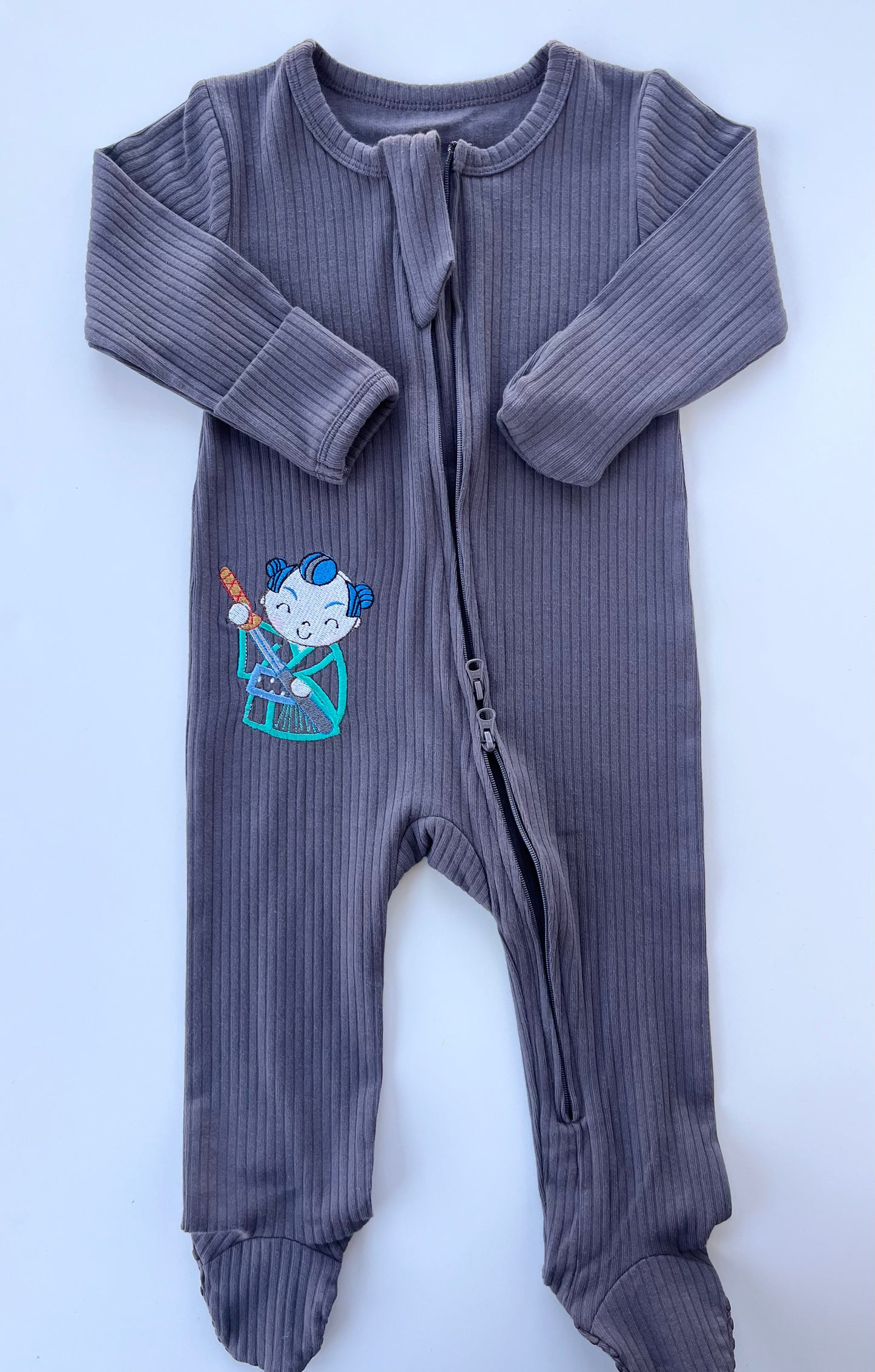 Dark Long Sleeve Grey Samurai Romper w/blue buns