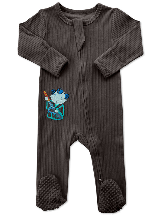 Dark Long Sleeve Grey Samurai Romper w/blue buns