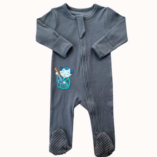 Dark Long Sleeve Grey Samurai Romper w/blue buns